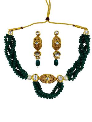 green beaded kundan necklace & earring jewellery set for women 2