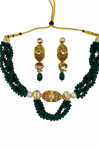 green beaded kundan necklace & earring jewellery set for women