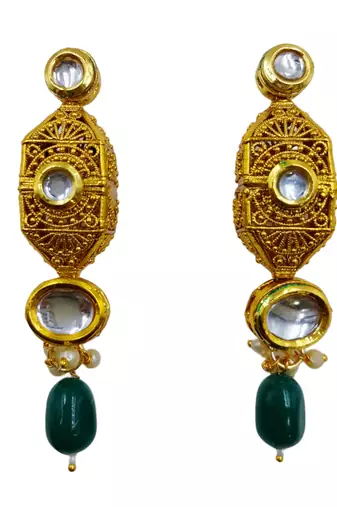 green beaded kundan necklace & earring jewellery set for women