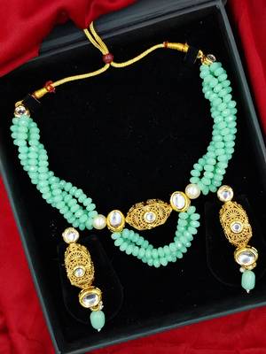 mint beaded kundan necklace & earring jewellery set for women 1