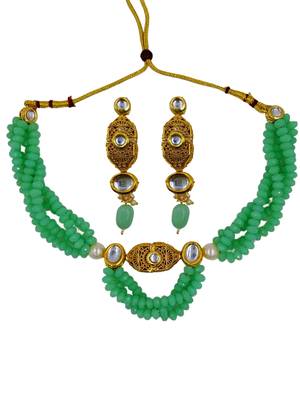 mint beaded kundan necklace & earring jewellery set for women 4