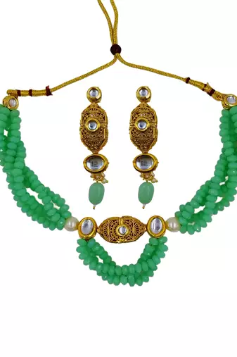 mint beaded kundan necklace & earring jewellery set for women