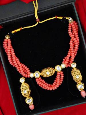 pink beaded kundan necklace & earring jewellery set for women 1