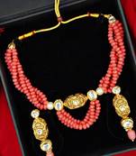 pink beaded kundan necklace & earring jewellery set for women