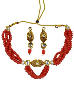 pink beaded kundan necklace & earring jewellery set for women 4