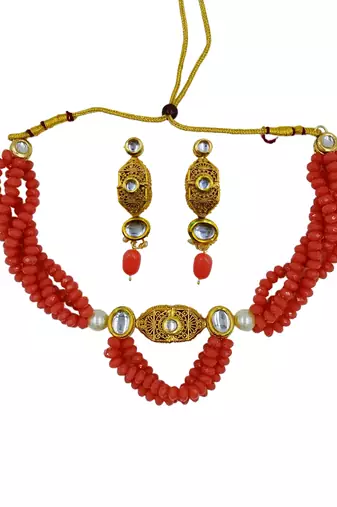 pink beaded kundan necklace & earring jewellery set for women
