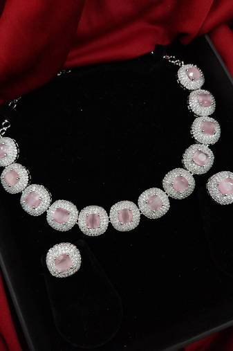 cubic zirconia studded pink silver plated designer necklace & earring for women
