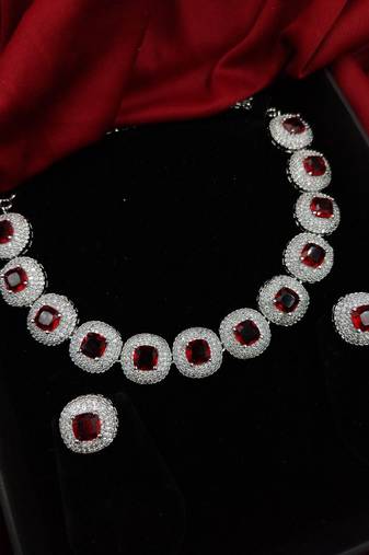 cubic zirconia studded silver plated designer ruby necklace & earring for women