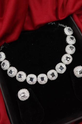 cubic zirconia studded silver plated designer white necklace & earring for women