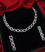 cubic zirconia studded silver plated designer green necklace & earring for women