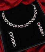 cubic zirconia studded silver plated designer ruby necklace & earring for women