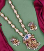 temple matte gold plated beaded pink necklace & earring jewellery set for women