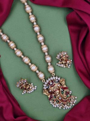 temple matte gold plated beaded multi necklace & earring jewellery set for women 1
