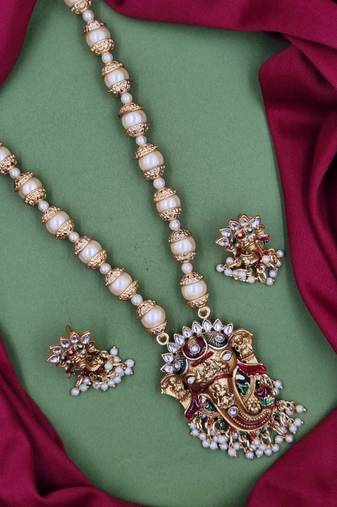 temple matte gold plated beaded multi necklace & earring jewellery set for women