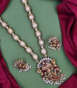 temple matte gold plated beaded multi necklace & earring jewellery set for women