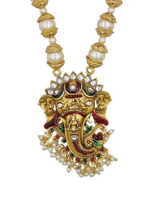 temple matte gold plated beaded multi necklace & earring jewellery set for women 2