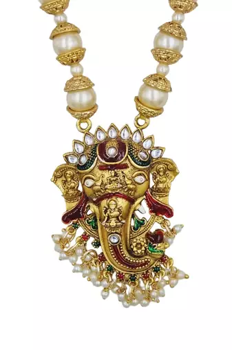 temple matte gold plated beaded multi necklace & earring jewellery set for women
