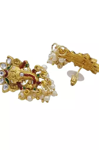 temple matte gold plated beaded multi necklace & earring jewellery set for women