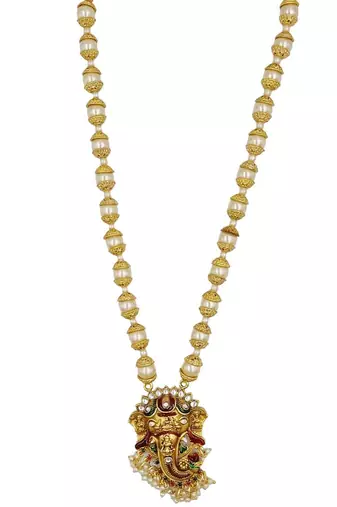 temple matte gold plated beaded multi necklace & earring jewellery set for women