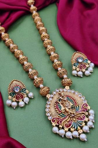 temple matte gold plated beaded multi necklace & earring jewellery set for women