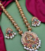temple matte gold plated beaded multi necklace & earring jewellery set for women