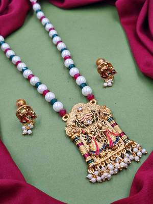 temple matte gold plated beaded multi necklace & earring jewellery set for women 1