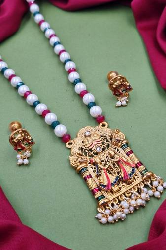 temple matte gold plated beaded multi necklace & earring jewellery set for women