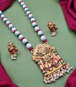 temple matte gold plated beaded multi necklace & earring jewellery set for women
