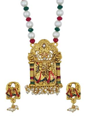 temple matte gold plated beaded multi necklace & earring jewellery set for women 2
