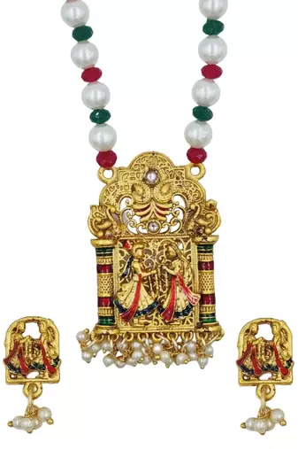 temple matte gold plated beaded multi necklace & earring jewellery set for women