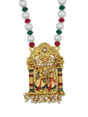 temple matte gold plated beaded multi necklace & earring jewellery set for women 3