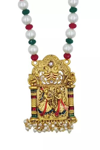 temple matte gold plated beaded multi necklace & earring jewellery set for women