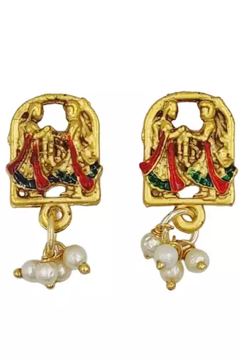 temple matte gold plated beaded multi necklace & earring jewellery set for women