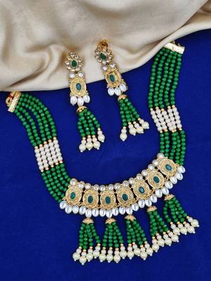 green gold plated necklace set & earring ethnic jewellery set for women 1