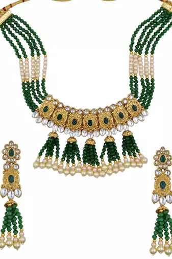 green gold plated necklace set & earring ethnic jewellery set for women
