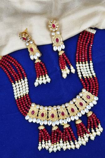 ruby gold plated necklace set & earring ethnic jewellery set for women