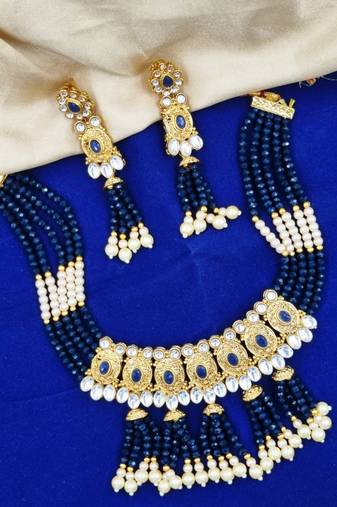 blue gold plated necklace set & earring ethnic jewellery set for women