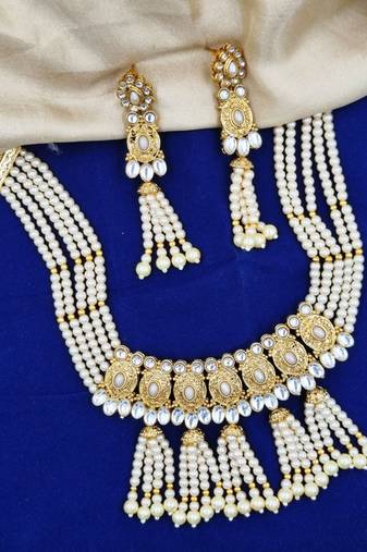 white gold plated necklace set & earring ethnic jewellery set for women