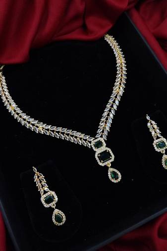 cubic zirconia studded gold plated designer necklace & earring for women
