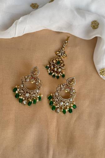 Gold diamond cz earring and maang tikka set