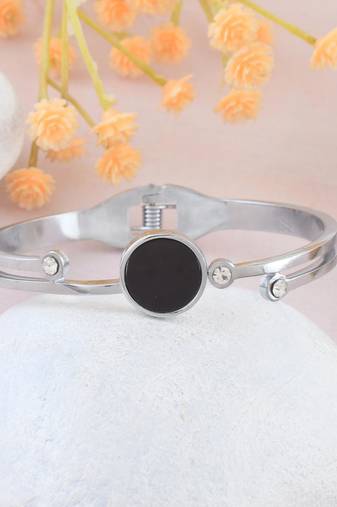 Stainless steel silver plated onyx cz bangle kada bracelet women