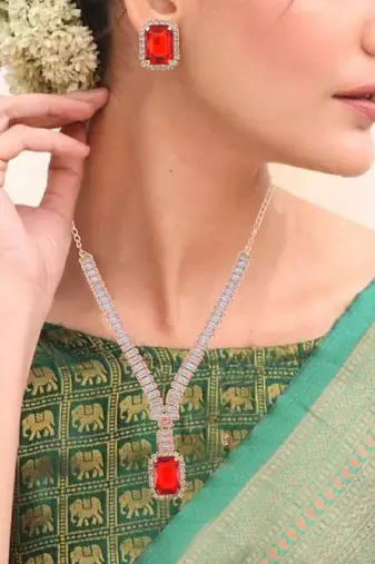 Rose gold ruby crystal necklace set women