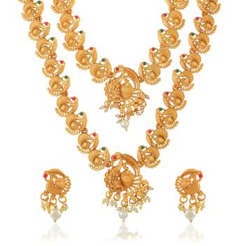 Brass buff gold peacock motif necklace set women 1