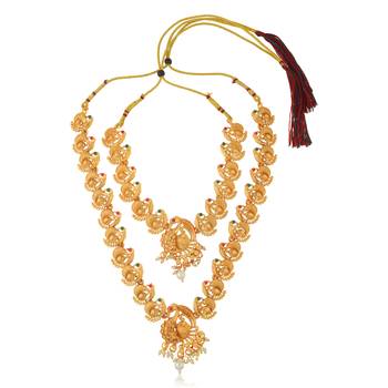 Brass buff gold peacock motif necklace set women 3