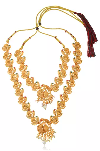 Brass buff gold peacock motif necklace set women