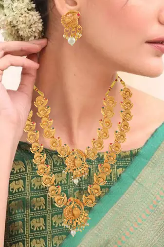 Brass buff gold peacock motif necklace set women