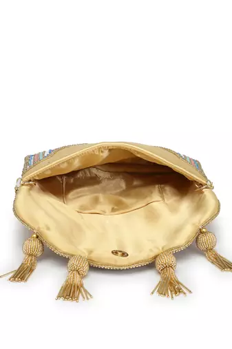 kooky champagne gold & multi striped embellished satin sling bag