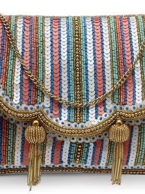 kooky champagne gold & multi striped embellished satin sling bag 8