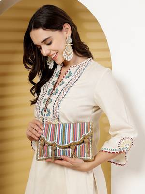kooky champagne gold & multi striped embellished satin sling bag 9