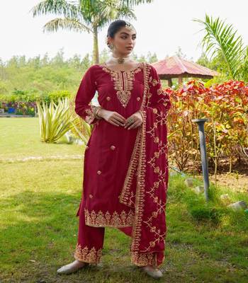 Women's Red Heavy Chinon Suit With Sequence Embroidered Work 1